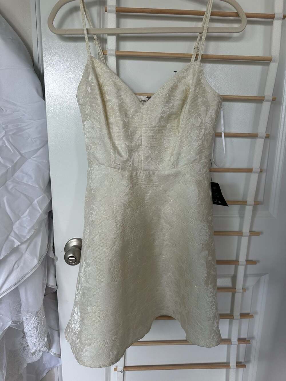 Lulus Metallic Jacquard V-Neck Mini Dress Cream Gold